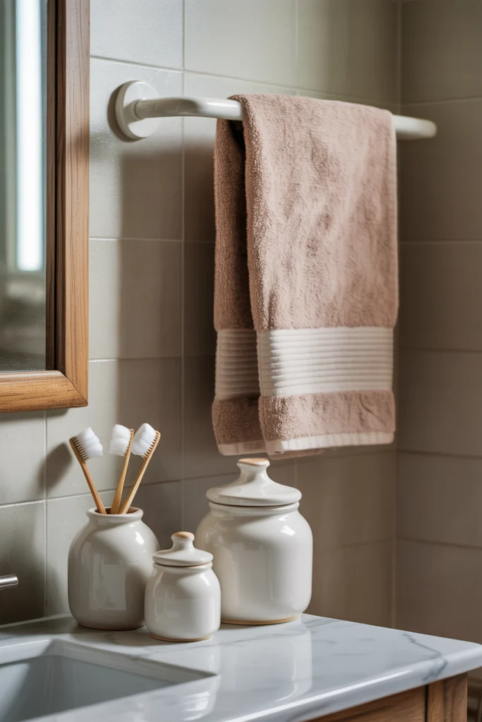 Ceramic jars and a towel rack