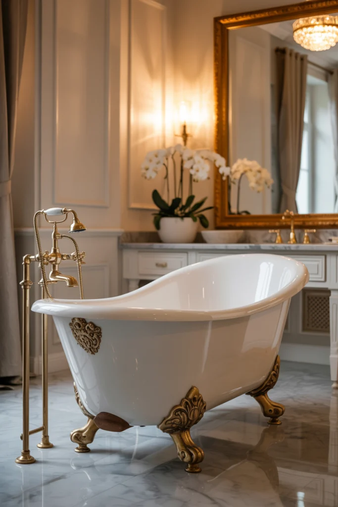 Clawfoot tub with gold accents