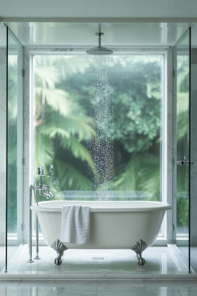 Clawfoot tub with rain shower