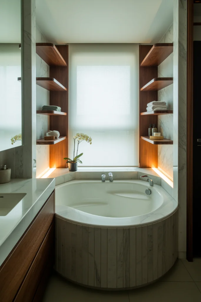 Corner bathtub with shelf
