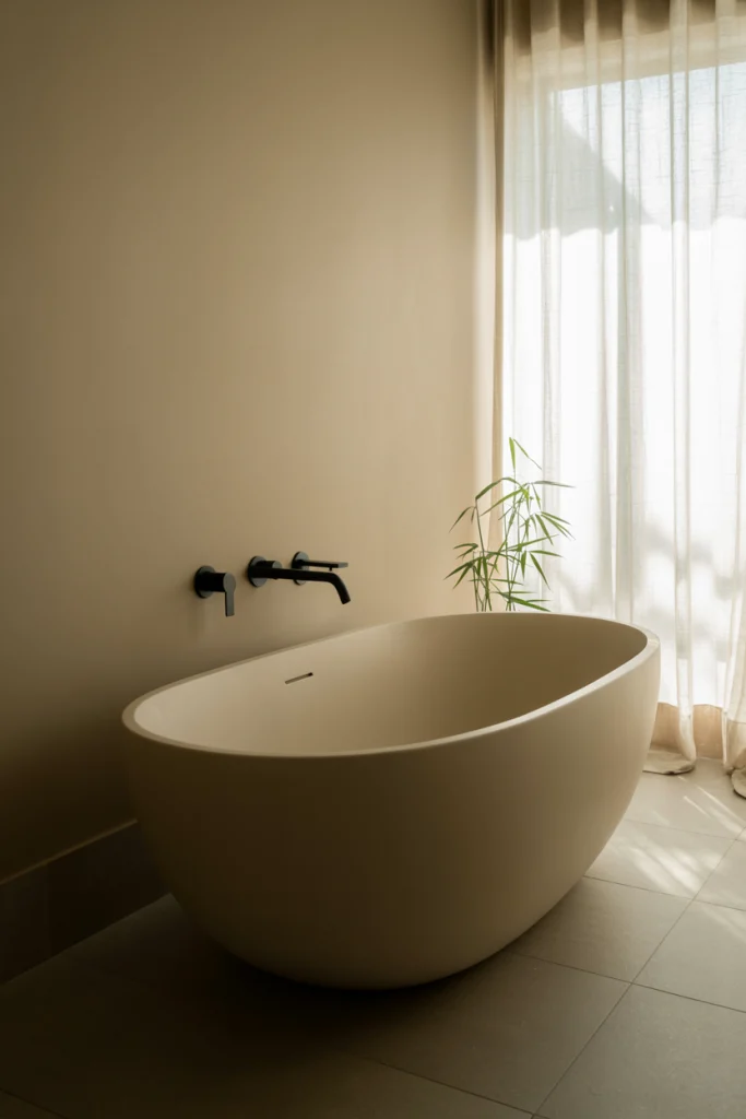 Freestanding tub with a minimalist design.