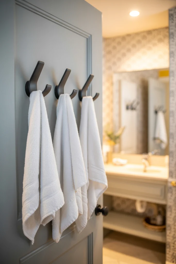 Install hooks on the back of bathroom doors