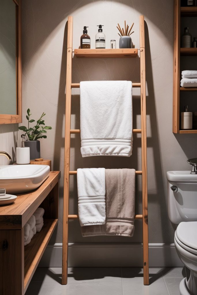 Ladder towel rack and shelf combination