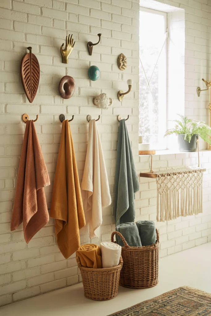 Mix and match hooks for boho chic bathroom