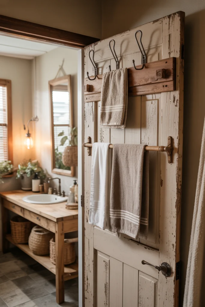 Old wooden door into a functional towel holder