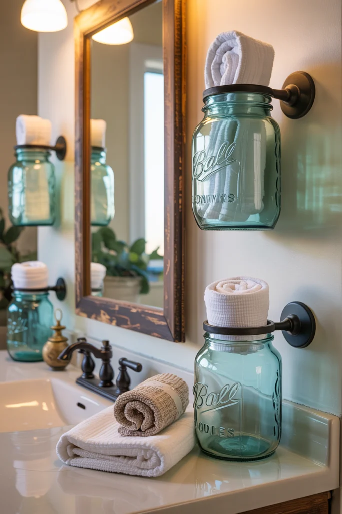 Repurpose vintage glass jars as unique towel holders