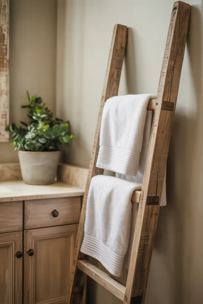 Rustic wooden ladder towel holder