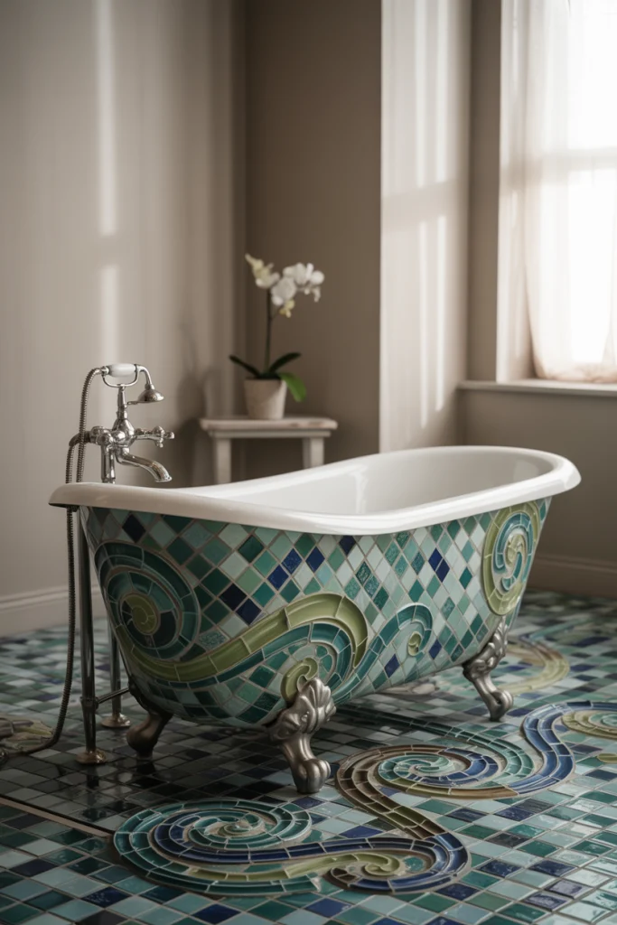 Tile mosaic to frame the clawfoot tub