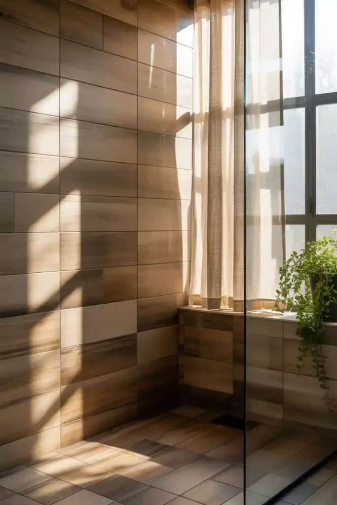 Wood look tiles with natural lighting