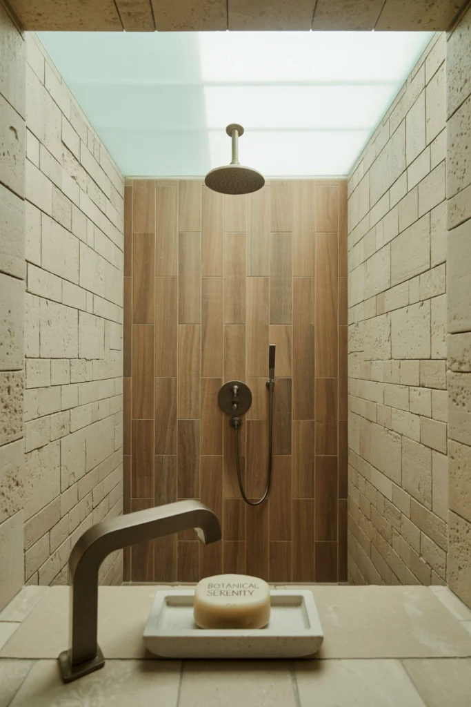 Wood look tiles with stone accents ideas