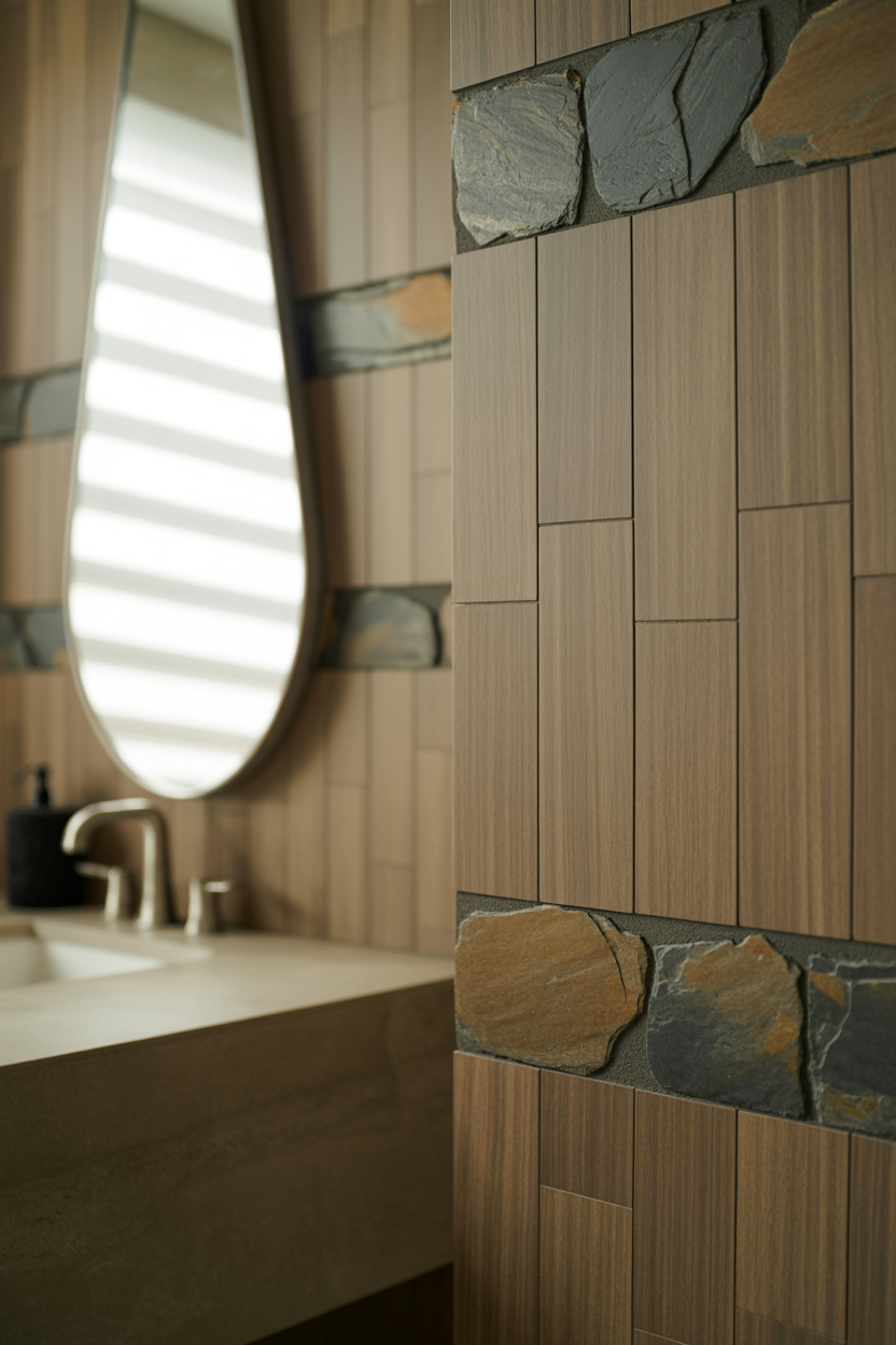 Wood look tiles with stone