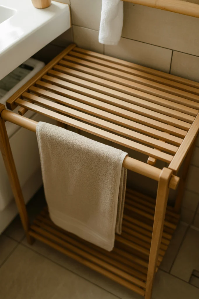 Wooden slatted towel rack