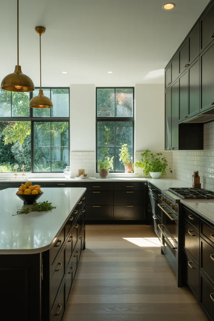 Bold black cabinets with crisp white walls