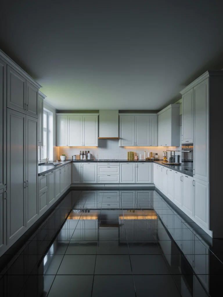 Glossy black floors in a white space 
