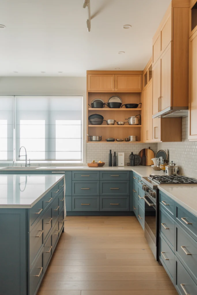 Steel blue and natural maple for smart counstrast