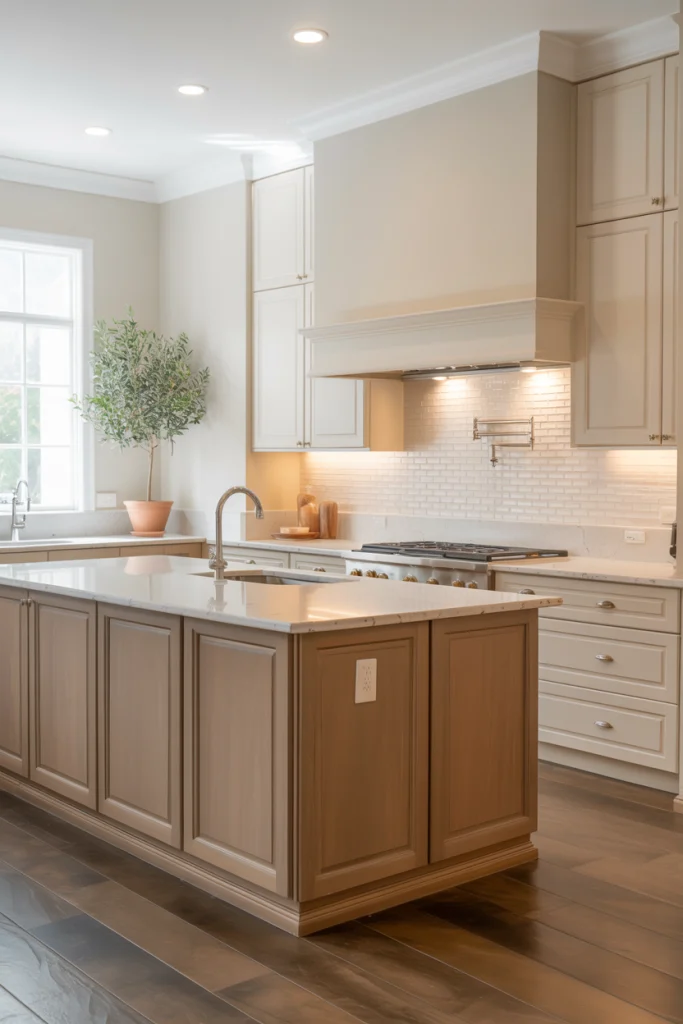 Warm taupe and snow for timeless calm