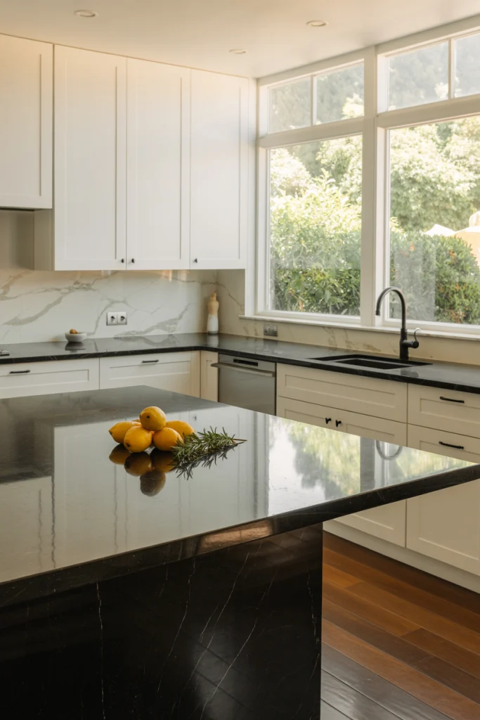 White cabinets with sleek black countertops