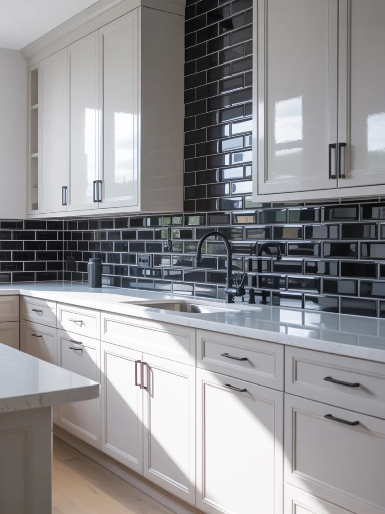 White kitchens with black backsplash tiles