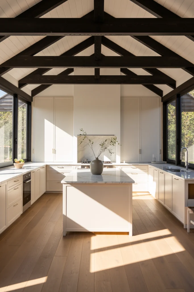 White kitchens with black ceiling beams