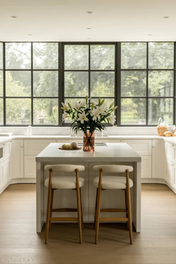 White kitchens with black framed widnows 