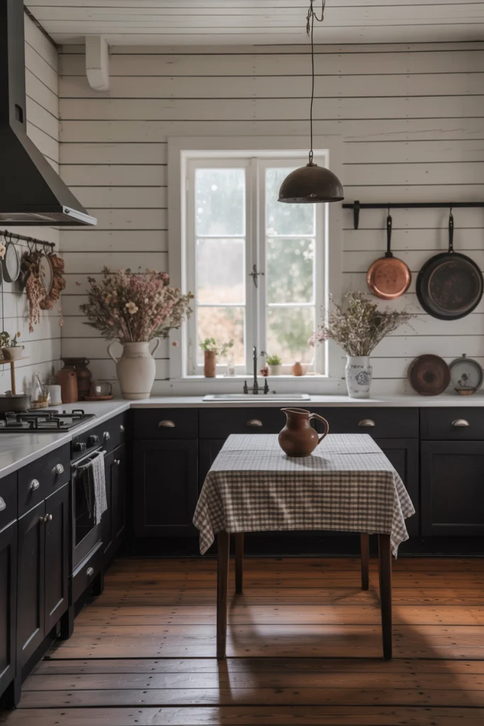 White shiplap walls with black cabinetry 
