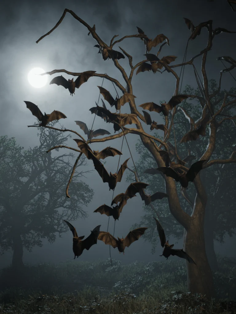 Bats in Flight Hanging from Branches