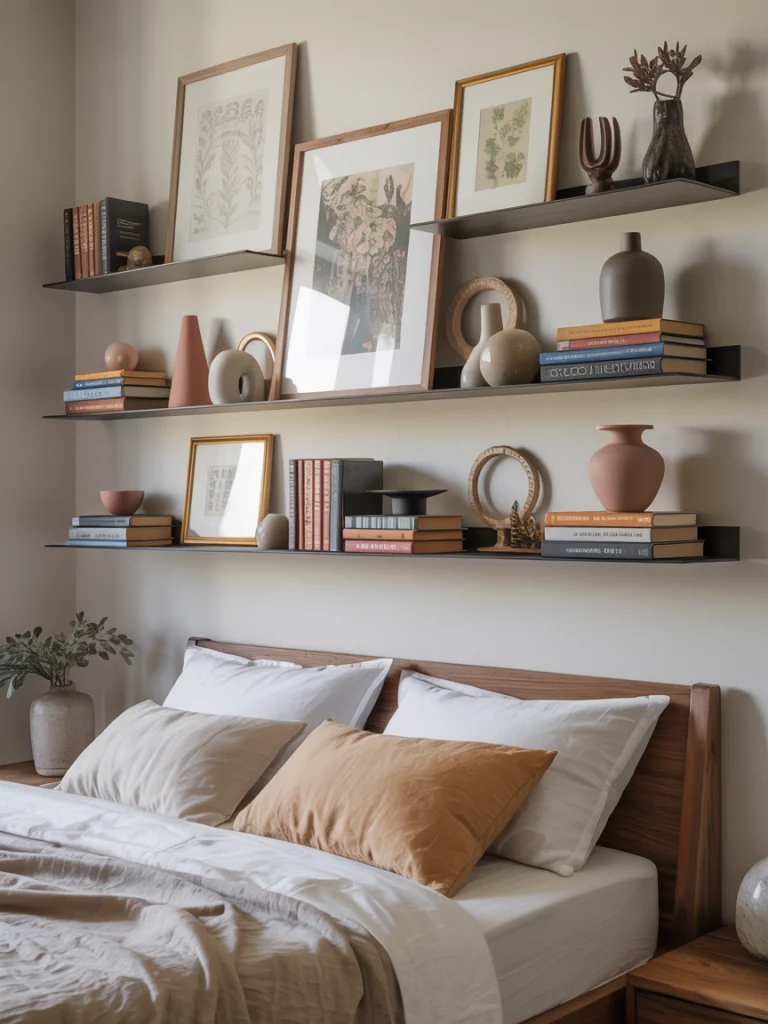 Floating shelves with layered art