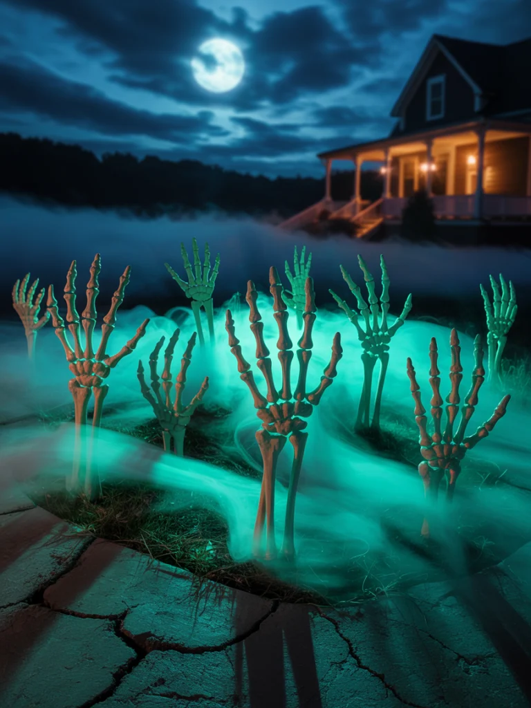 Glow-in-the-Dark Skeleton Hands Reaching from the Ground
