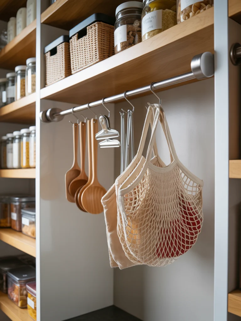 Hang scoops and bags under a shelf