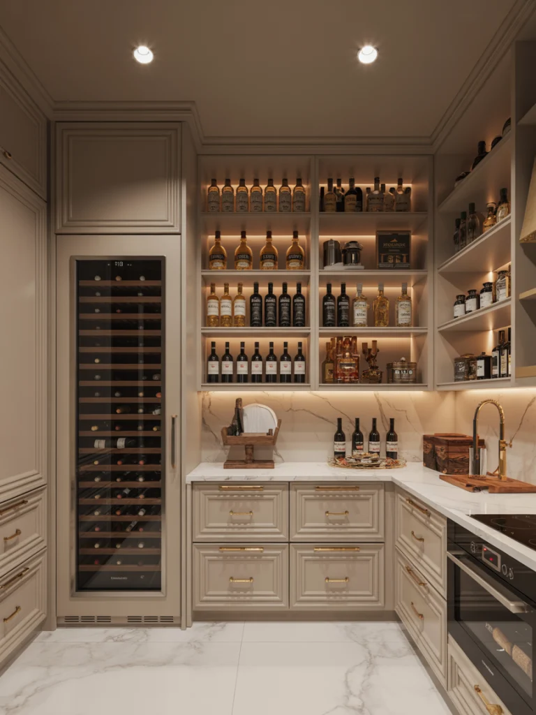 Luxury Pantry Featuring Marble Counters and Wine Storage