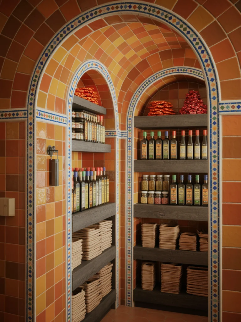 Mediterranean Pantry Storage With Tile Accents