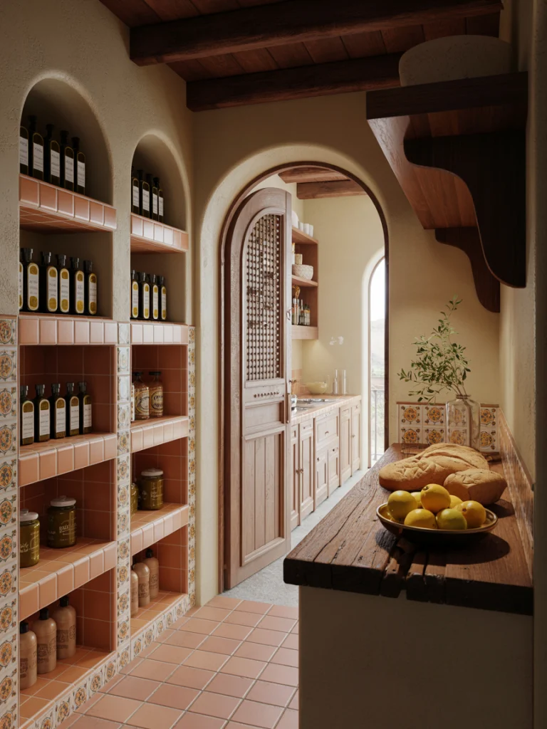 Mediterranean Pantry Storage With Tile Accents ideas