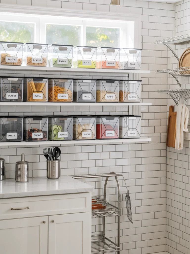 Use clear bins with front labels