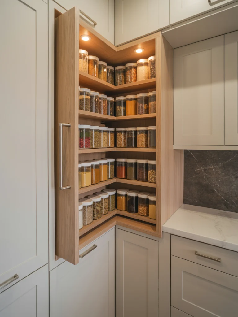 Use swing-out shelves for corners